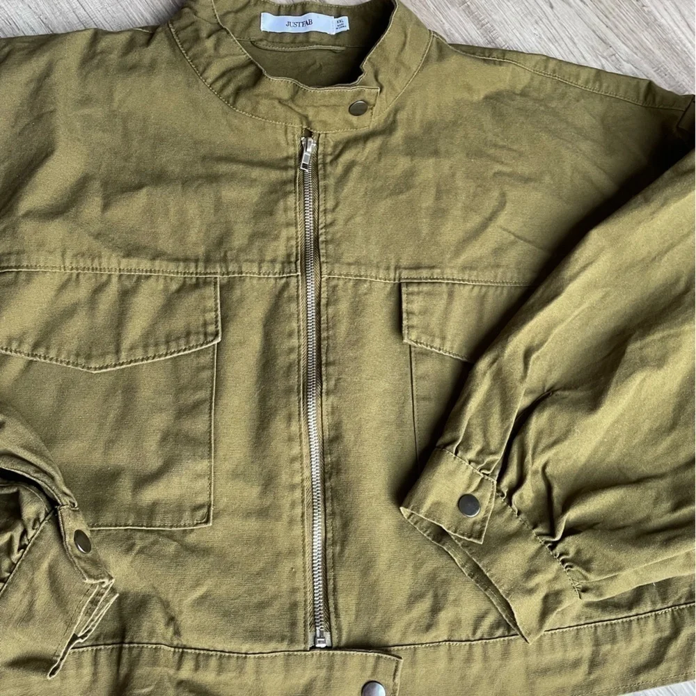 JustFab Canvas Cropped Jacket Balloon Sleeve Olive Green Boxy Cargo Like SZ XXL - Picture 10 of 16